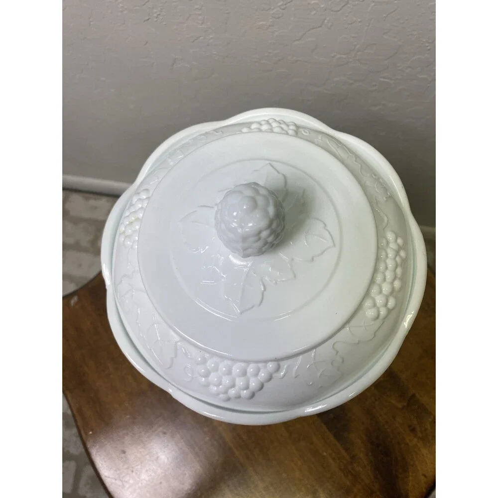 Vintage White Milk Glass Covered Compote Dish Grape Pattern Pedestal Bowl 10 in